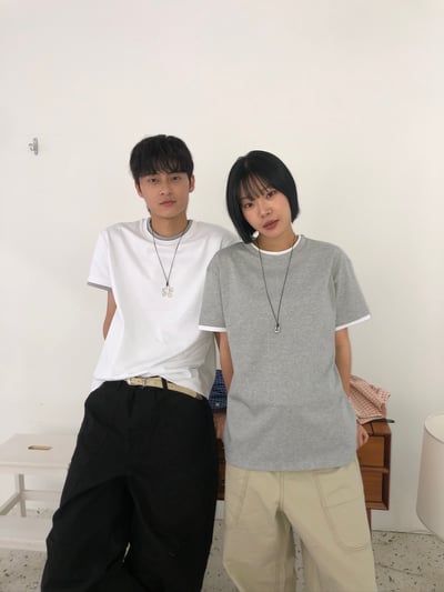 假兩件式 層次疊穿 寬鬆短版 素面短袖 - 3C9