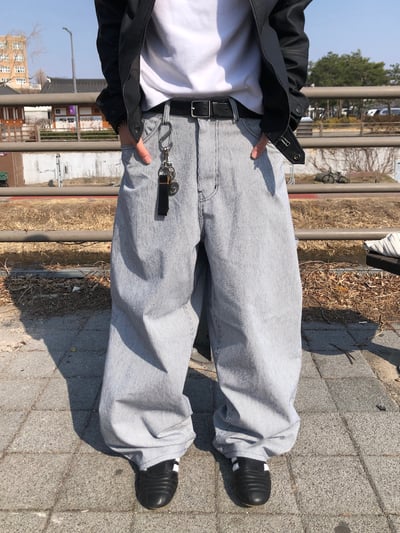 Peace 極簡主義 細條紋 工裝 牛仔寬褲 (set - up) - 2C13