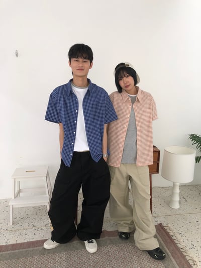 多巴安配色 涼感短版 格紋 短袖襯衫 - 2C2