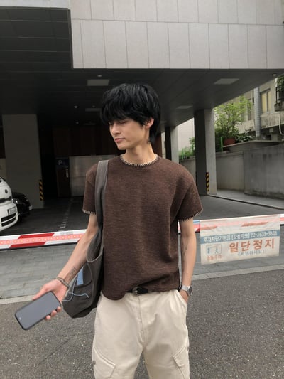 夏季針織 極簡風 經典配色 短版 短袖 上衣 - 6C4