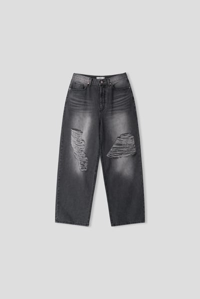 高檔布料 漸層刷色 街頭破洞 牛仔寬褲 - 2C23