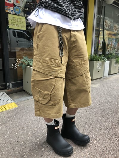 韓系復古 立體重磅 斜線大口袋 工裝 7分短褲 - 2C5
