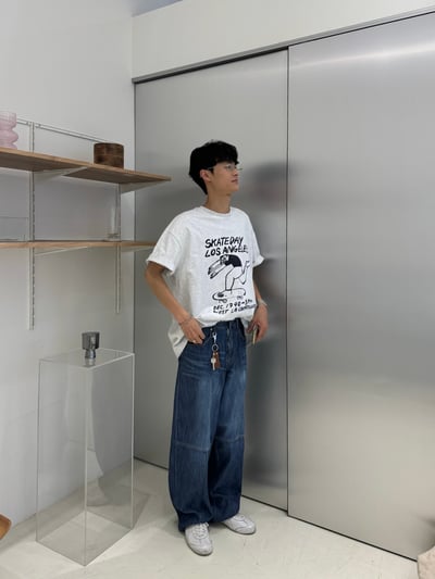 (藍色Ｍ號) (UNISEX) 十字縫線 側腰扣 亞麻牛仔褲 - 2C10