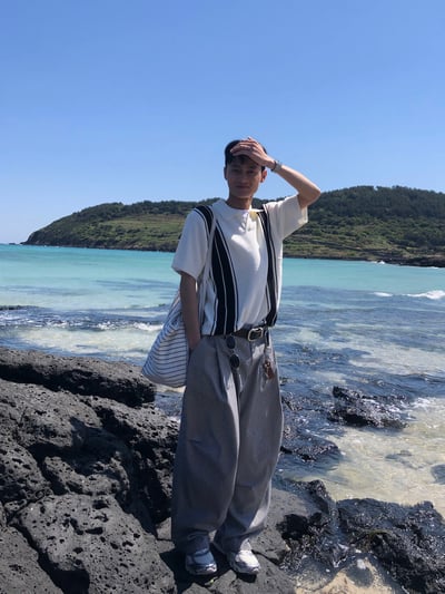 Lanson 俐落剪裁 抓皺割線 細條紋 寬褲 - 2C12