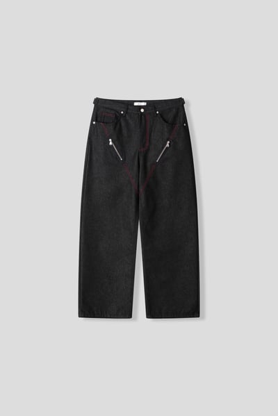 日系潮男 紅色縫線 拉鏈細節 牛仔寬褲 - 2C22