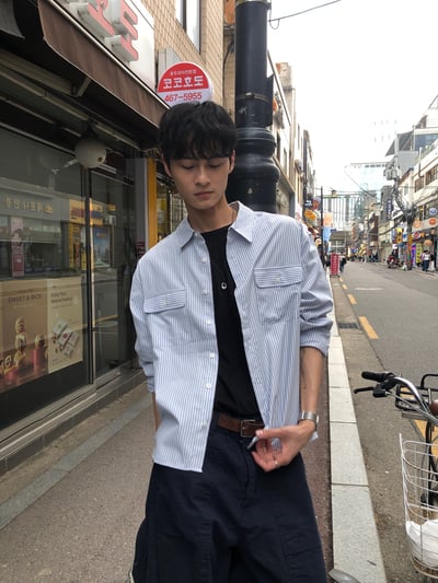 簡約復古街頭 雙口袋 短版 長袖襯衫 - 3C3