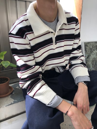 秋冬高檔 撞色條紋 立挺 短版 開領針織 長袖 - 3C18