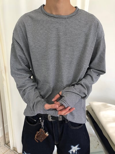 高質感 休閒風 細條紋 層疊穿搭 指套 長袖 - 4C1