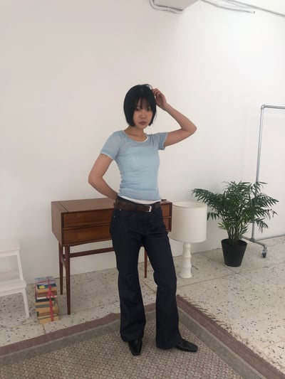 韓女必備 超級修身 細條紋 微喇叭原牛褲 - 3C8