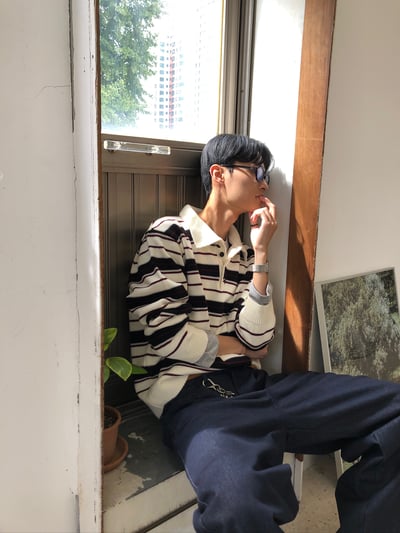 秋冬高檔 撞色條紋 立挺 短版 開領針織 長袖 - 3C15