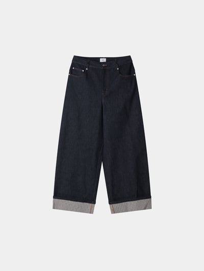 東京小夥 反折褲管 條紋結構 原牛寬褲 - 2C17