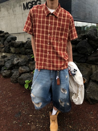 倫敦街頭 親膚涼感 短版 格紋 短袖襯衫 - 4C12