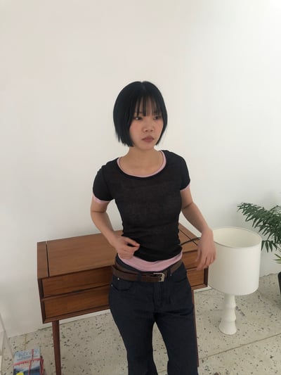 韓系簡約 配色疊穿 透視輕薄 短袖上衣 - 11C9