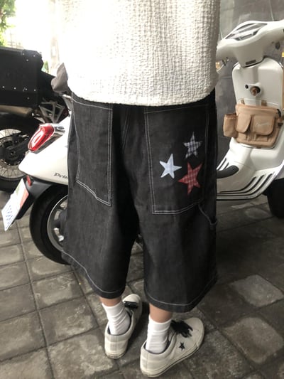 可愛街頭 星星 格紋刺繡 牛仔 7分短褲 - 1C9