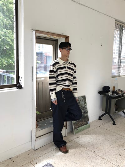 秋冬高檔 撞色條紋 立挺 短版 開領針織 長袖 - 3C3