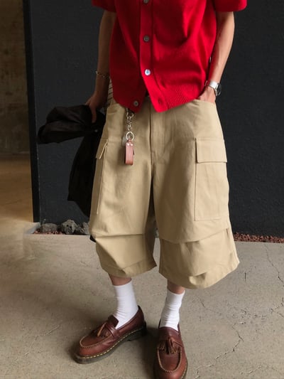 現代首爾 立體抓皺 斜線工裝 7分 短褲 - 2C10