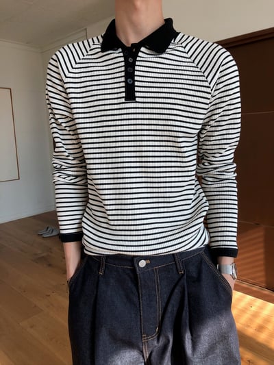 經典條紋 亨利領 修身版型 翻領 貼身 長袖 - 3C3