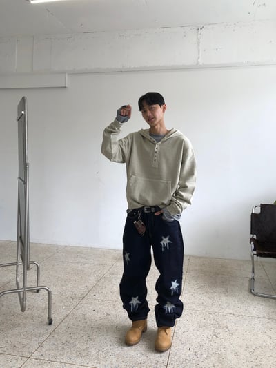 復古街頭 重磅 復古水洗 亨利領 帽T - 3C4