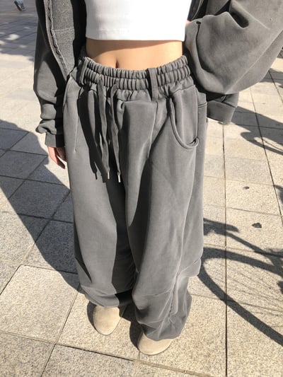 復古經典 做舊刷色 運動套裝 寬版 棉長褲 - 2C10