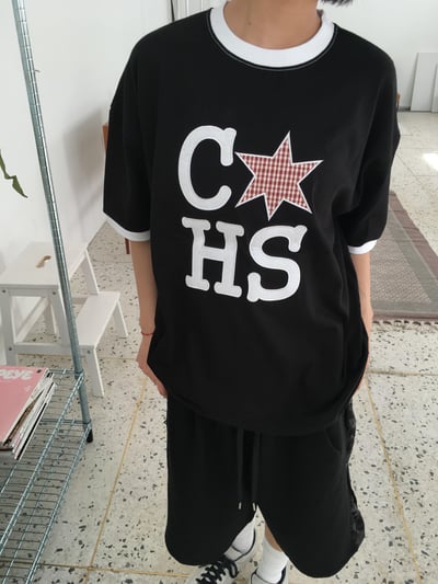 CHS 六芒星 刺繡 配色 微短版 短袖 - 3C14