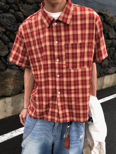 倫敦街頭 親膚涼感 短版 格紋 短袖襯衫 - 4C1