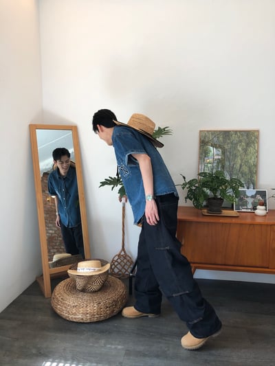 倫敦之眼 三層抓皺 短縫線 原牛 微寬褲 - 1C6