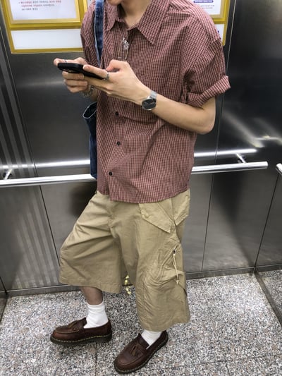 日系復古風 格紋設計 修身短版 短袖 襯衫 - 5C9