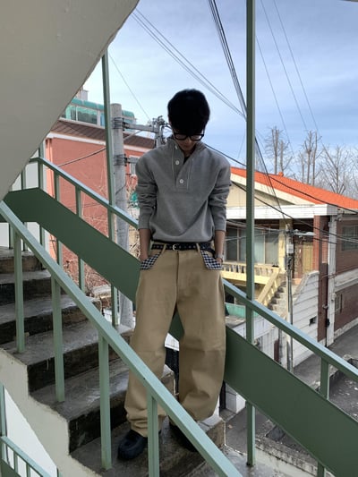 日系街頭 畫龍點睛 格紋設計 微寬褲 - 2C3