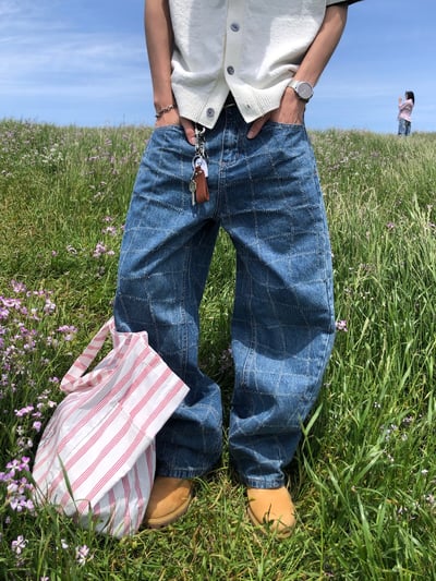 Baggy 牛津街頭 水波格紋 牛仔寬褲 - 1C13