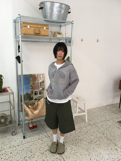 條紋針織 涼爽短版 夏季寬鬆 連帽外套 - 4C10