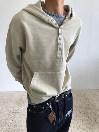 復古街頭 重磅 復古水洗 亨利領 帽T - 3C18