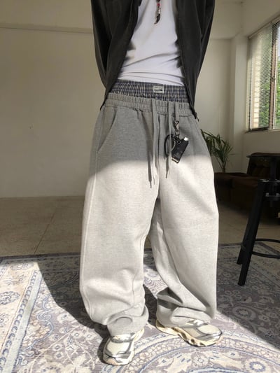 歐洲街頭潮流 格紋層疊 寬版 休閒 落地褲 - 2C8