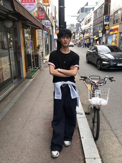 方形縫線 完美腿型 牛津布 寬版 長褲 - 3C12