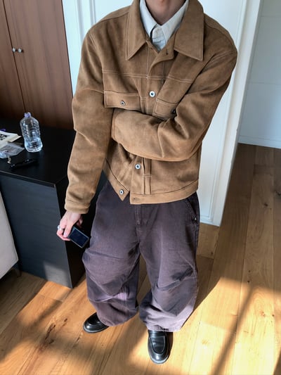 歐美經典款 美拉德 麂皮 微短版 皮夾克 - 4C12