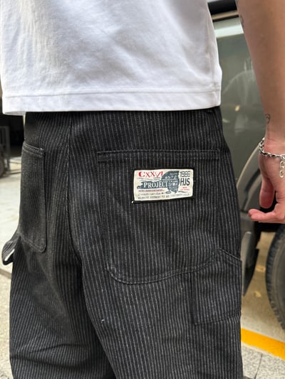 歐美街頭指標 高級補丁 工裝 牛仔條文寬褲 - 1C5