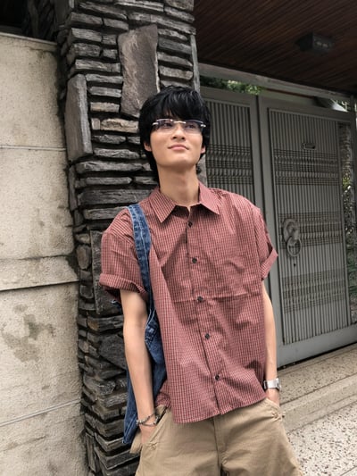 日系復古風 格紋設計 修身短版 短袖 襯衫 - 5C6
