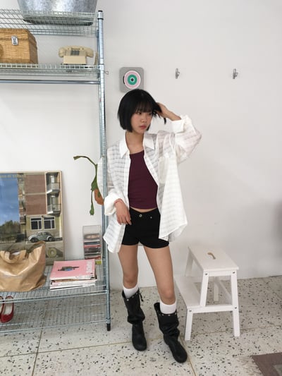 街頭慵懶風 透視薄款 涼感 格紋 長袖襯衫 - 4C3