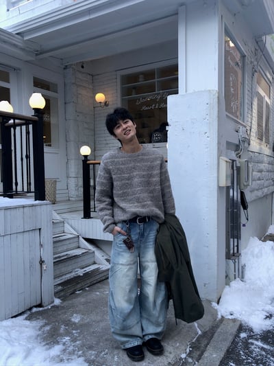 冰原歷險 漸層水洗 抓皺 寬版 牛仔褲 - 1C5