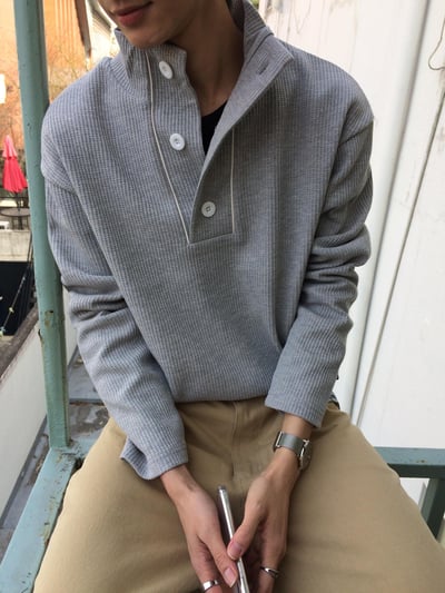 半高開V領 鈕扣 短版 華夫格 指套 薄長袖 - 3C10