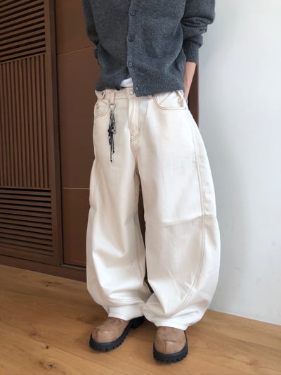 四季大口袋 彎曲縫線 配色設計 牛仔寬褲 - 2C14