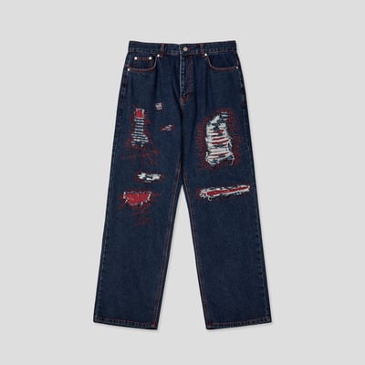 美式街頭 紅色警戒 破壞 直筒 微寬版 牛仔褲 - 1C15