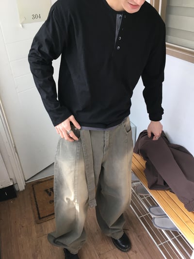 休閒亨利領 懶人層疊配色 素面 薄長袖 - 4C15