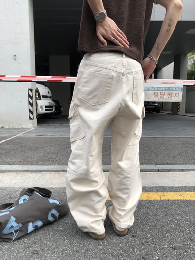高級休閒感 雙層縫線 斜線造型 直筒微寬 工裝褲 - 3C2