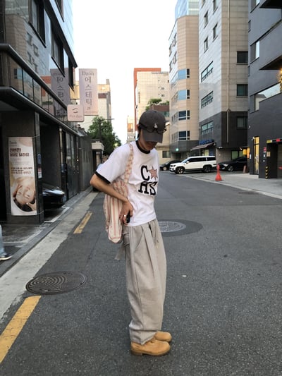 休閒背殺 鈕扣緞帶 寬版 直筒棉褲 - 2C7