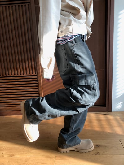 雙膝抓皺 線條結構 直筒寬版 工裝褲 - 2C5