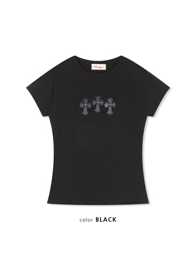 美式十字架 刺繡造型 貼身短版 短袖 上衣 - 2C20