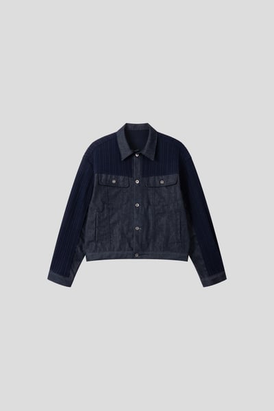 獨特肩部針織 牛仔 微短版 機車夾克 - 2C22