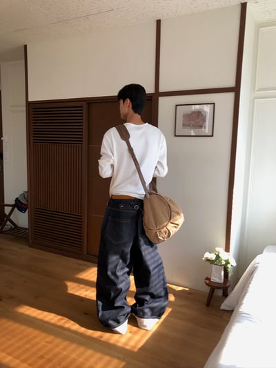 東京小夥 反折褲管 條紋結構 原牛寬褲 - 2C3