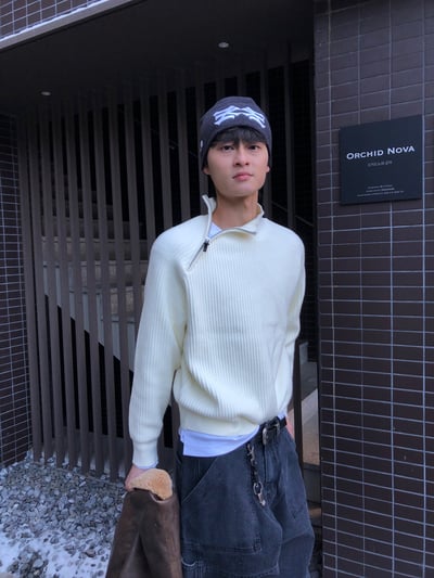 半高領 側邊拉鍊 修身短版 高檔毛衣 - 4C14