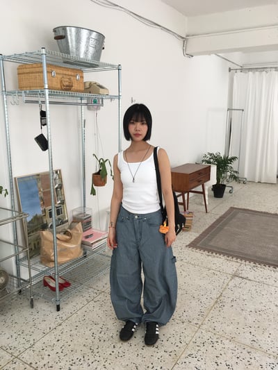 歐美經典 街頭工裝 細條紋 貼布 薄寬褲 - 2C7
